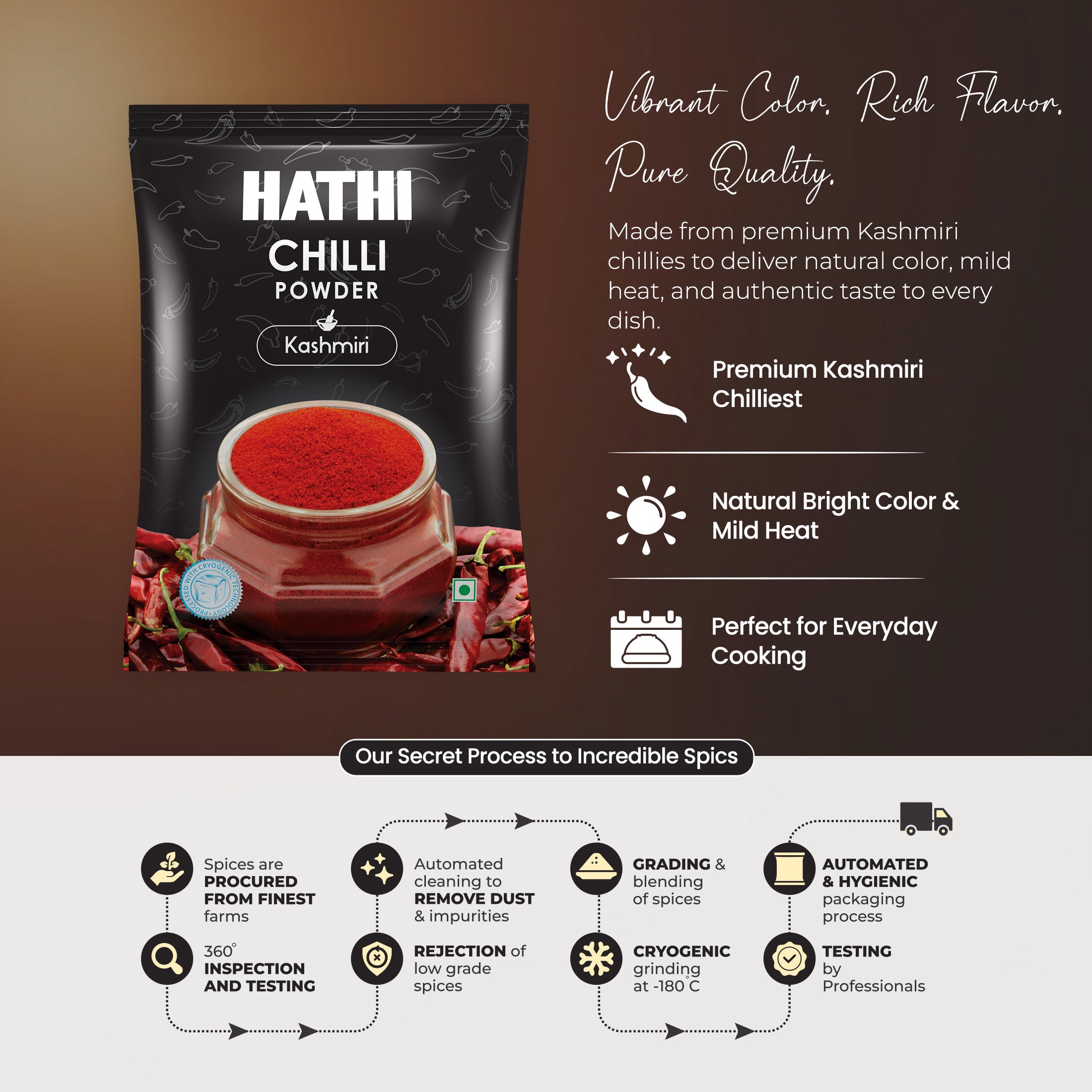 Hathi Kashmiri Chilli Powder with vibrant natural colour and mild heat made from premium Kashmiri chillies using cryogenic grinding and hygienic automated packaging process