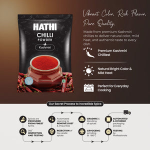 Hathi Kashmiri Chilli Powder with vibrant natural colour and mild heat made from premium Kashmiri chillies using cryogenic grinding and hygienic automated packaging process