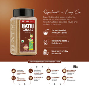 Back label of Hathi Chaas Masala Buttermilk Powder 200g transparent jar showing ingredients – salt, cumin, coriander, black salt, dry ginger – with nutrition facts and ISO 22000 certification by Gandhi Spices Pvt Ltd