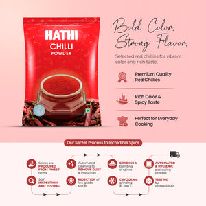 Hathi Chilli Powder with bold colour and strong flavour made from premium red chillies using cryogenic grinding and hygienic automated packaging process