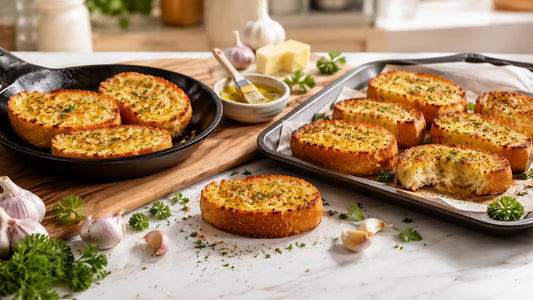 Crispy buttery garlic bread on a baking tray fresh from oven