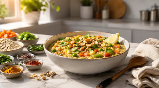 Homemade masala oats recipe in a steel bowl with carrots, peas and coriander garnish