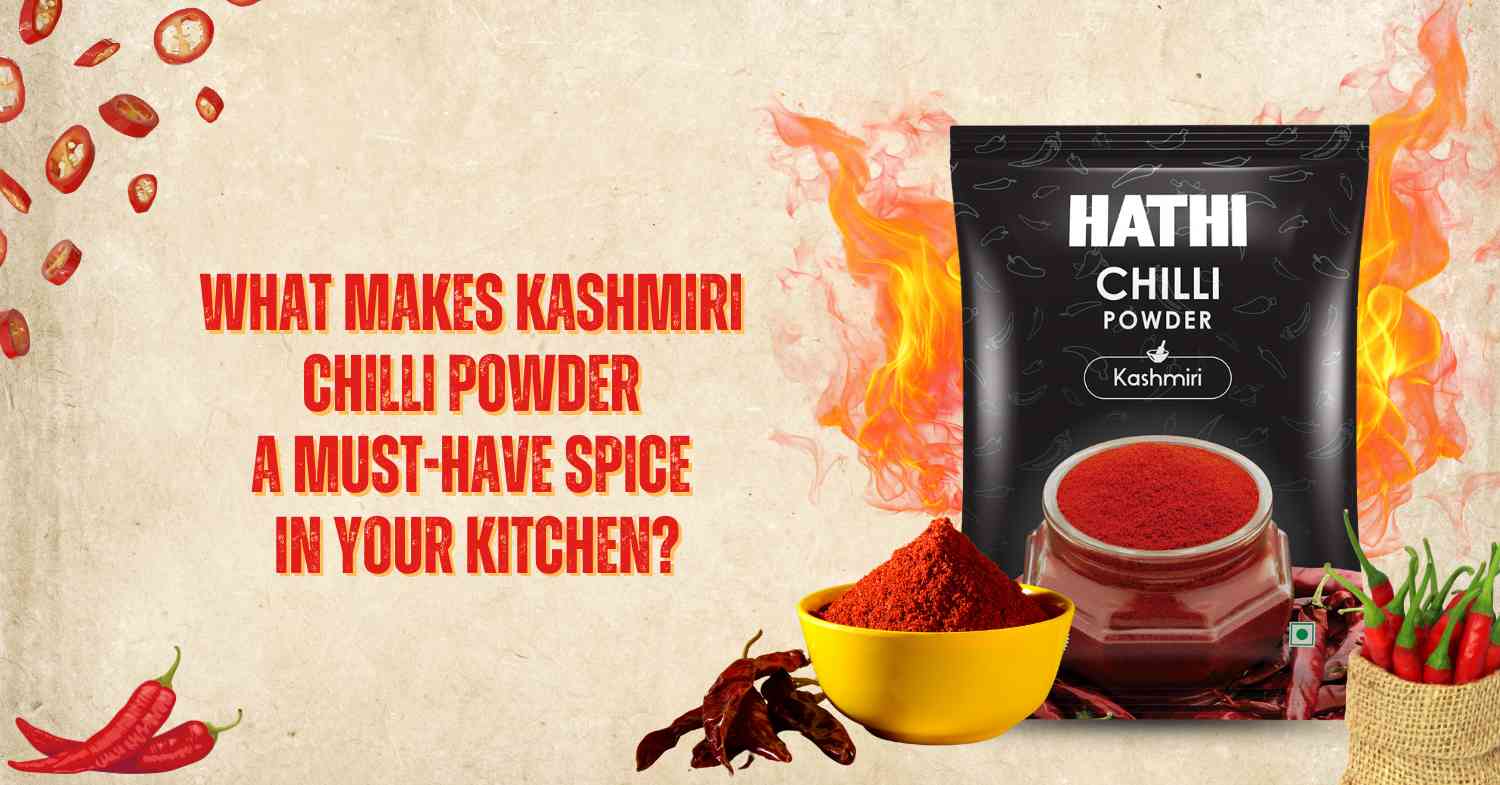 A vibrant, high-quality image of Kashmiri Chilli Powder in a bowl with dried Kashmiri chillies.