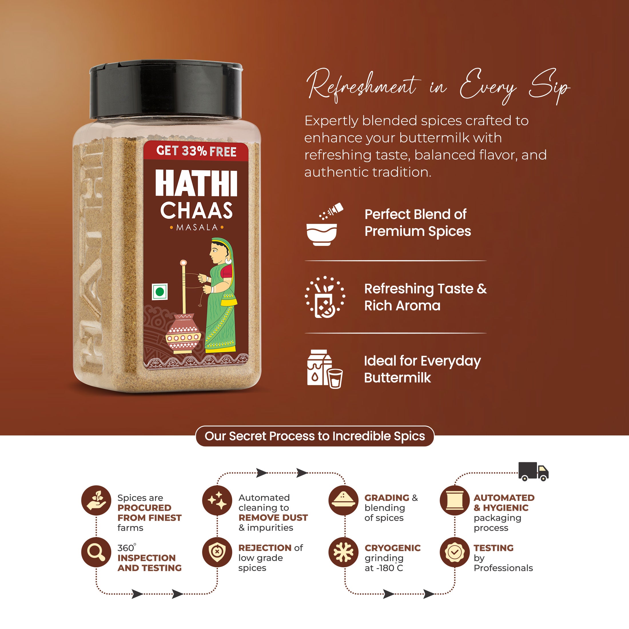 Back label of Hathi Chaas Masala Buttermilk Powder 200g transparent jar showing ingredients – salt, cumin, coriander, black salt, dry ginger – with nutrition facts and ISO 22000 certification by Gandhi Spices Pvt Ltd