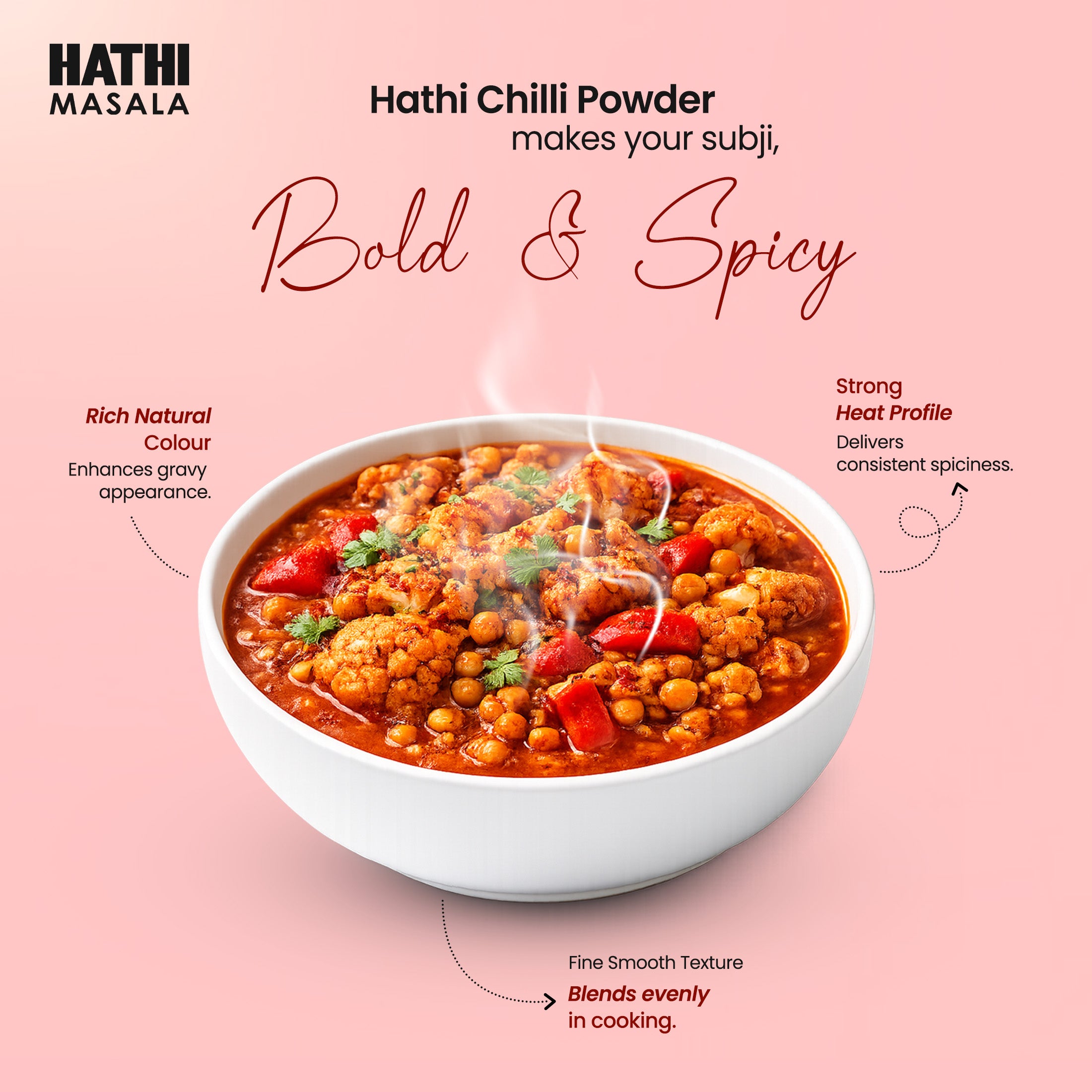 Hathi Chilli Powder adding bold colour and consistent spiciness to a hot vegetable subji with rich red gravy