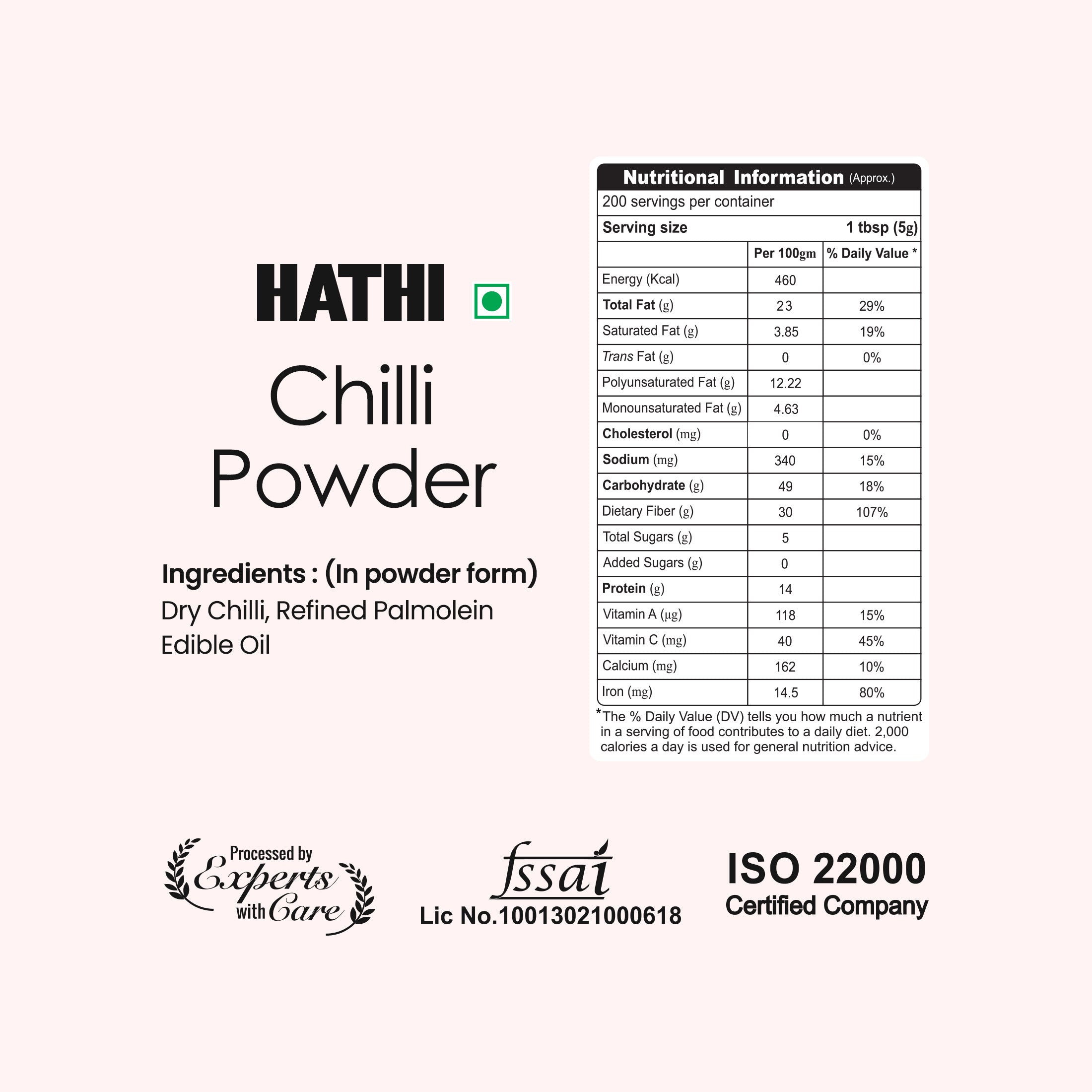 Hathi Chilli Powder nutritional information per 100g with FSSAI licence number, ISO 22000 certified, processed by experts with care