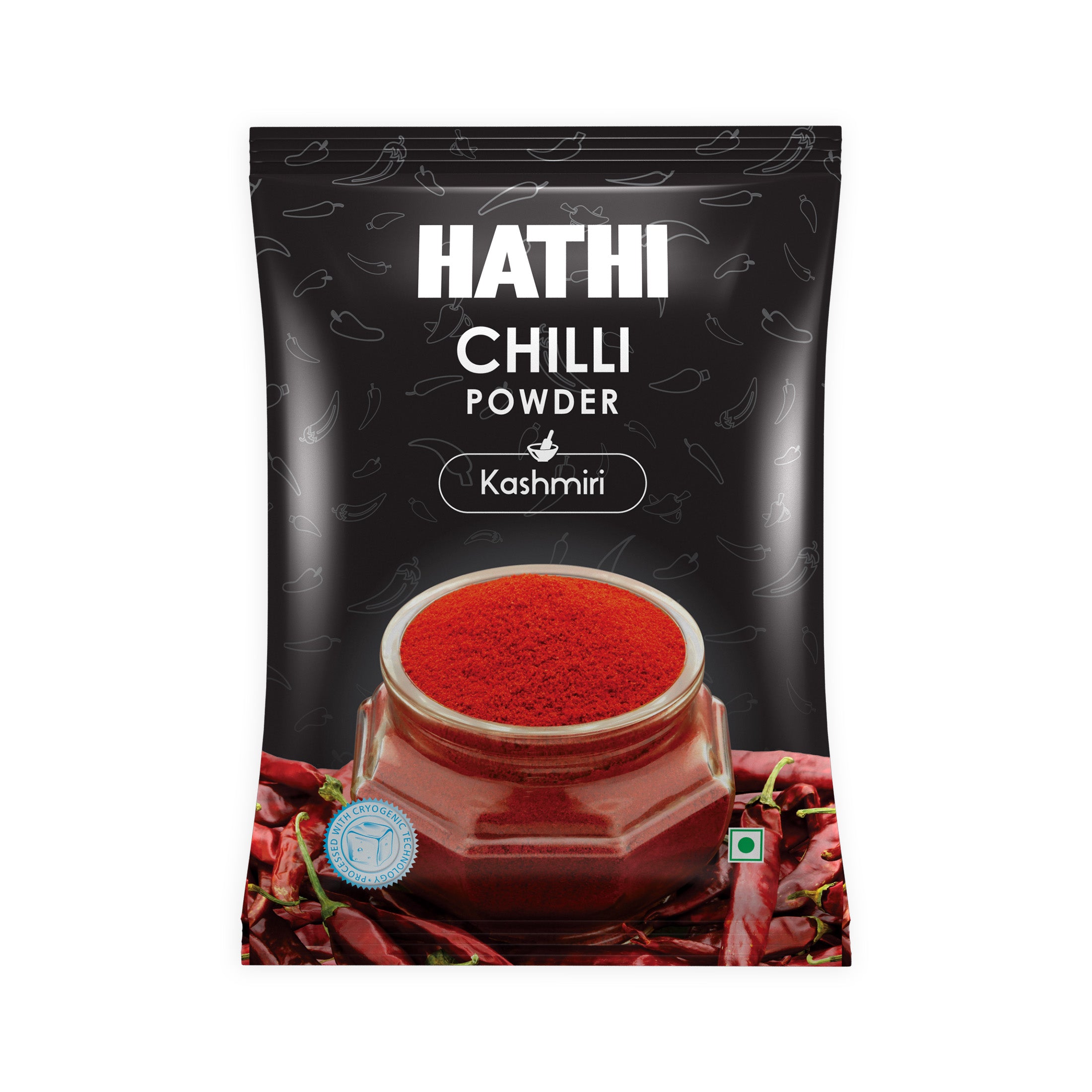Hathi Kashmiri Chilli Powder black front pack with cryogenic technology badge, bowl of vibrant red fine powder and dried whole Kashmiri red chillies