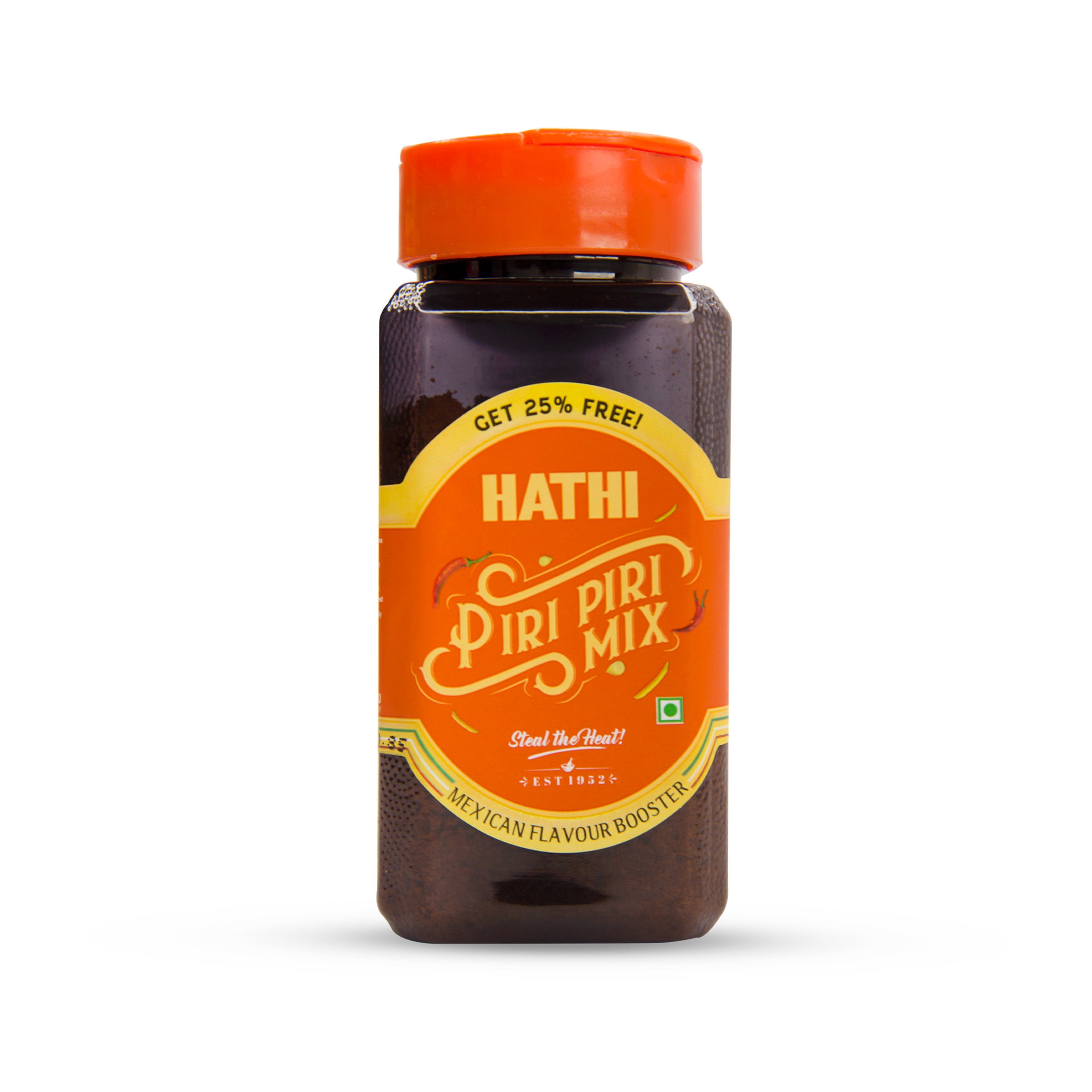 Hathi Piri Piri Mix Mexican flavour booster spice jar with orange cap and vintage-style label, 25% free offer, dark spice blend visible through transparent packaging