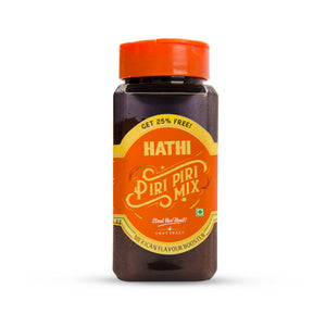 Hathi Piri Piri Mix Mexican flavour booster spice jar with orange cap and vintage-style label, 25% free offer, dark spice blend visible through transparent packaging