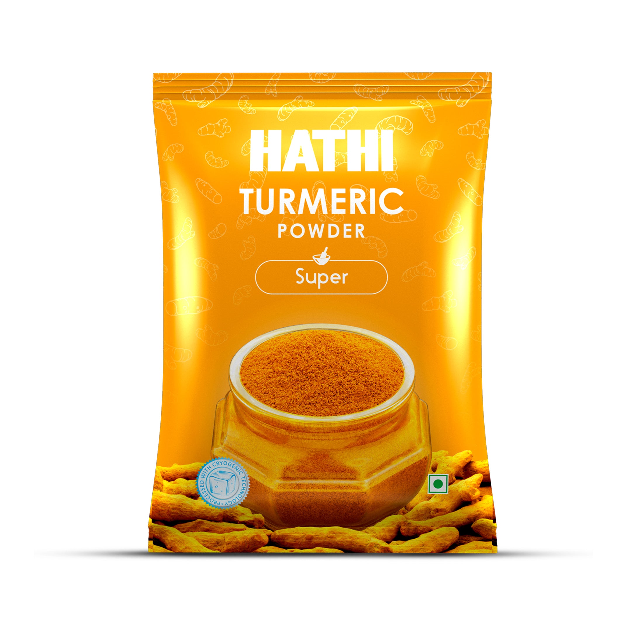 Hathi Super Turmeric Powder 1kg bright golden yellow front pack with cryogenic technology badge, bowl of rich yellow turmeric powder and fresh whole turmeric roots