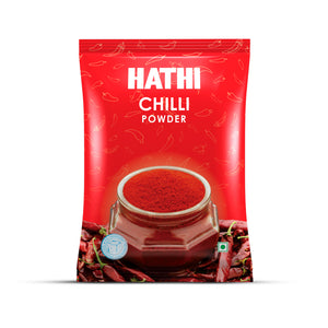 Hathi Chilli Powder red front pack with cryogenic technology badge, bowl of fine red chilli powder and dried whole red chillies