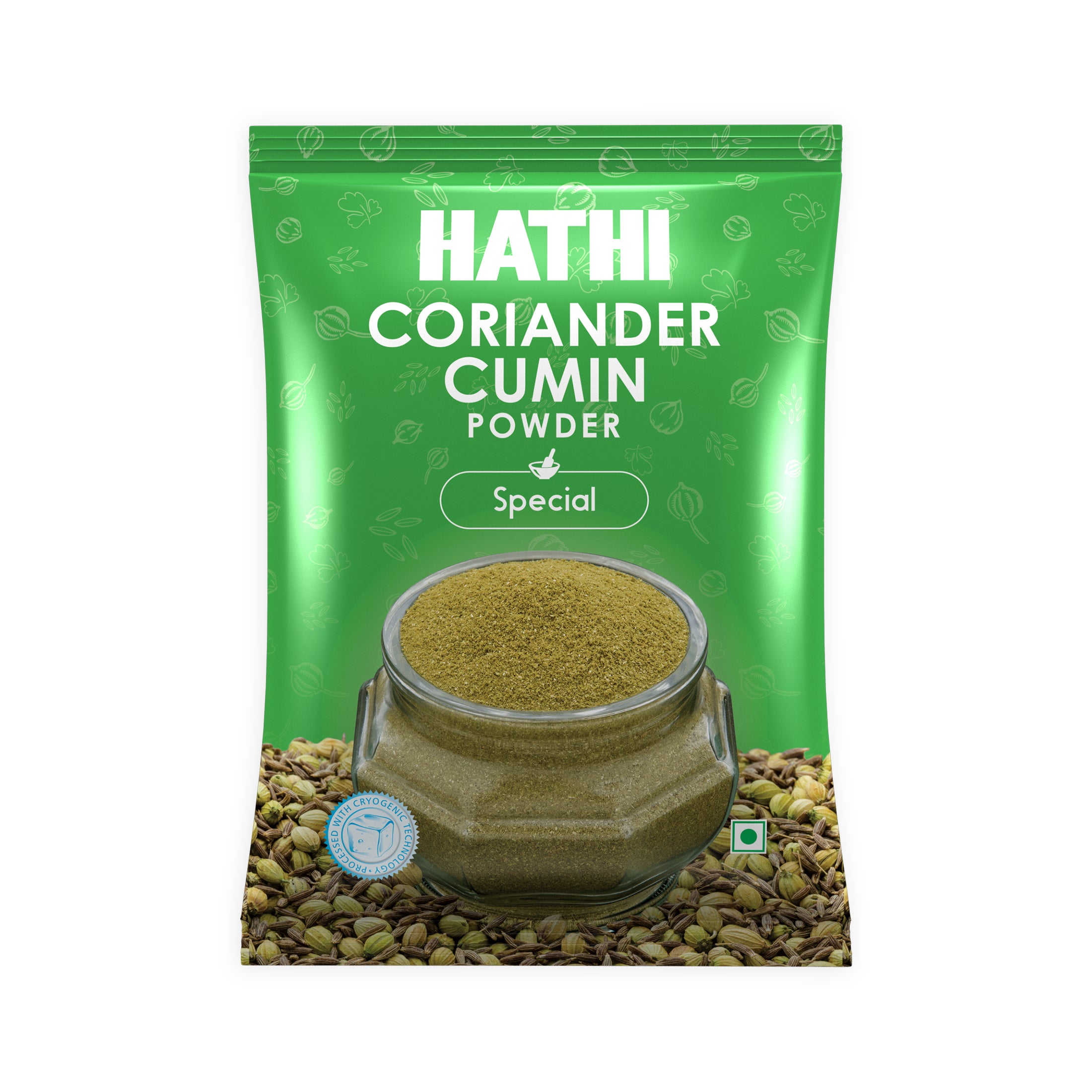 Hathi Special Coriander Cumin Powder bright green front pack with cryogenic technology badge, bowl of fine dhania jeera powder and whole coriander and cumin seeds